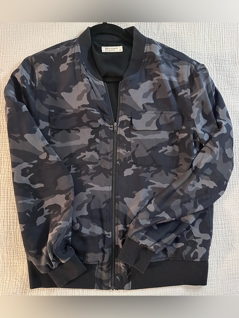 EQUIPMENT Silk Bomber Jacket in Camouflage Black/Gray - Size XS